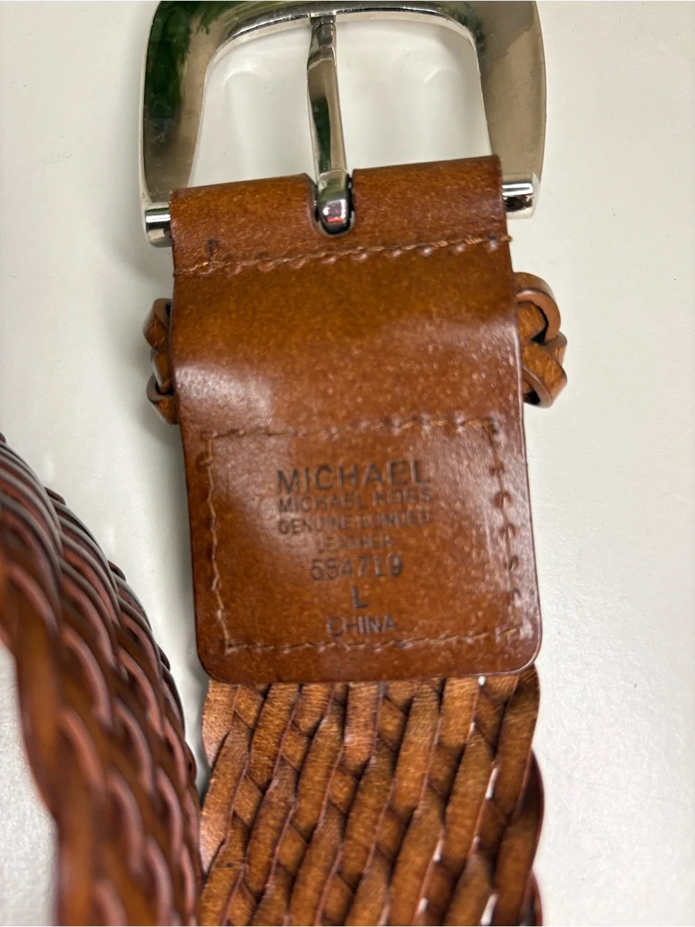 Michael Kors Brown Woven Leather Belt Silver Buckle Size Large